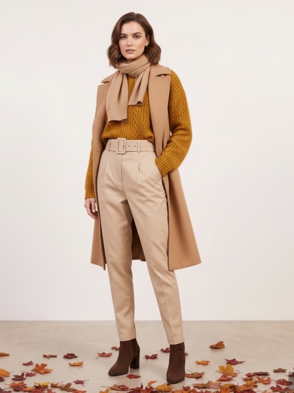 Women’s High Waisted Classy Look Cream Tailored Pants with Matching Belt
